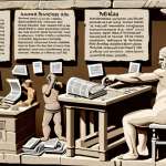 **Image Prompt for Early Media Evolution**: 
   "An ancient scene depicting the evolution of media, featuring a person carving information onto stone tablets, transitioning to the invention of the printing press with newspapers and books scattered around, symbolizing the acceleration of knowledge sharing in society."