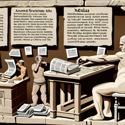 **Image Prompt for Early Media Evolution**: 
   "An ancient scene depicting the evolution of media, featuring a person carving information onto stone tablets, transitioning to the invention of the printing press with newspapers and books scattered around, symbolizing the acceleration of knowledge sharing in society."