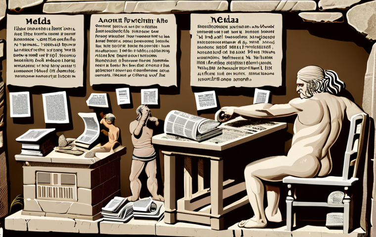 **Image Prompt for Early Media Evolution**: 
   "An ancient scene depicting the evolution of media, featuring a person carving information onto stone tablets, transitioning to the invention of the printing press with newspapers and books scattered around, symbolizing the acceleration of knowledge sharing in society."