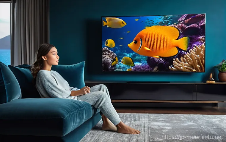 미디어기술사와 디지털 방송 - **Immersive 4K/HDR TV Experience:**
    "A stylish young adult female (20s-30s), dressed in comforta...