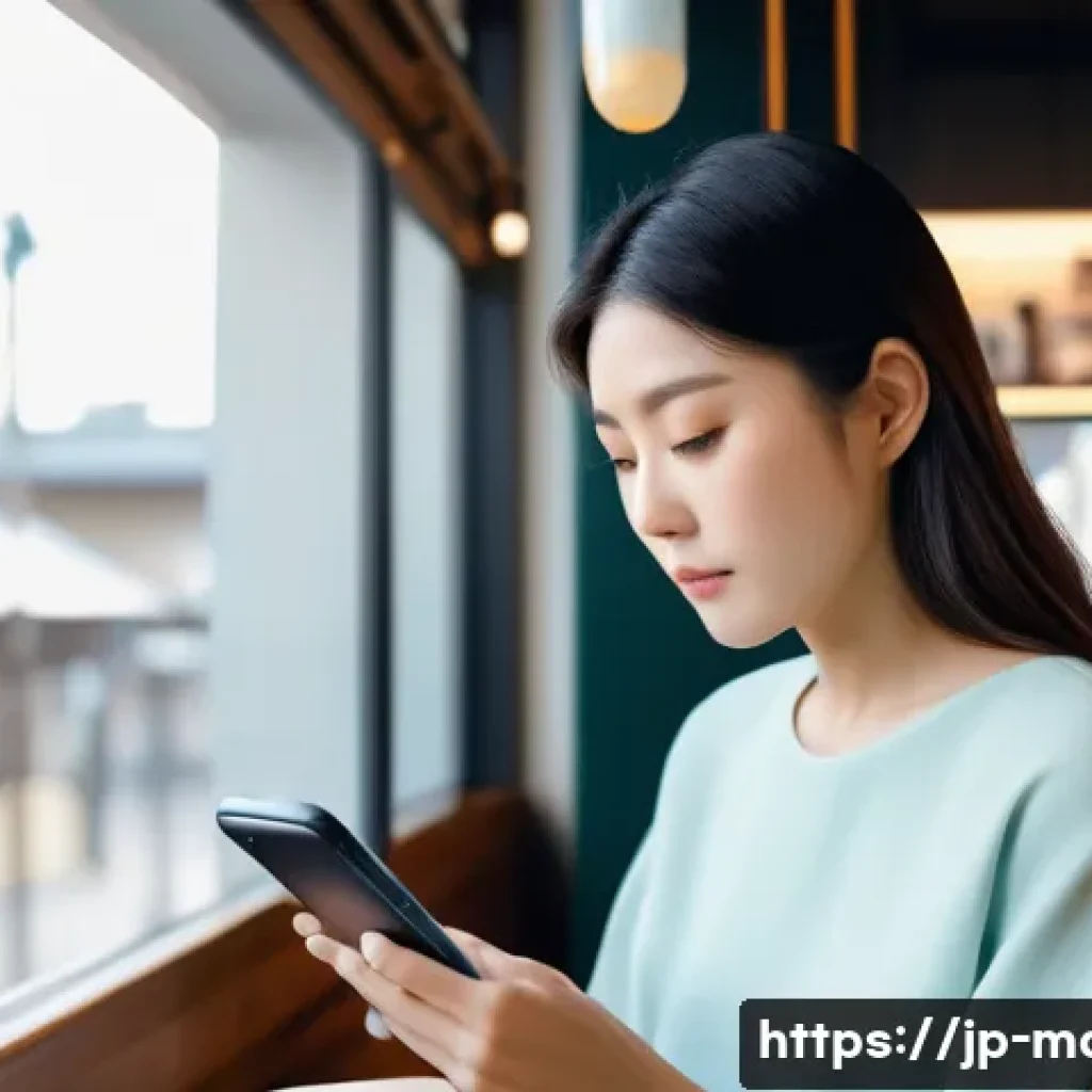 미디어기술사와 스마트 미디어 서비스 - A modern Japanese woman using a sleek smartphone in a cozy urban cafe, interacting with a personaliz...