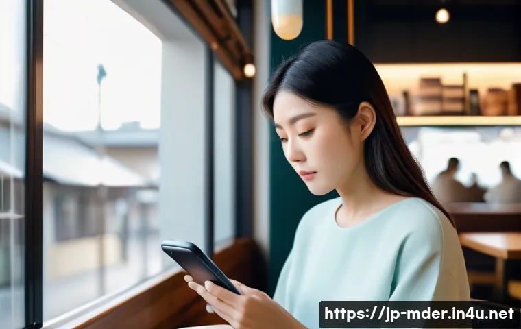 미디어기술사와 스마트 미디어 서비스 - A modern Japanese woman using a sleek smartphone in a cozy urban cafe, interacting with a personaliz...