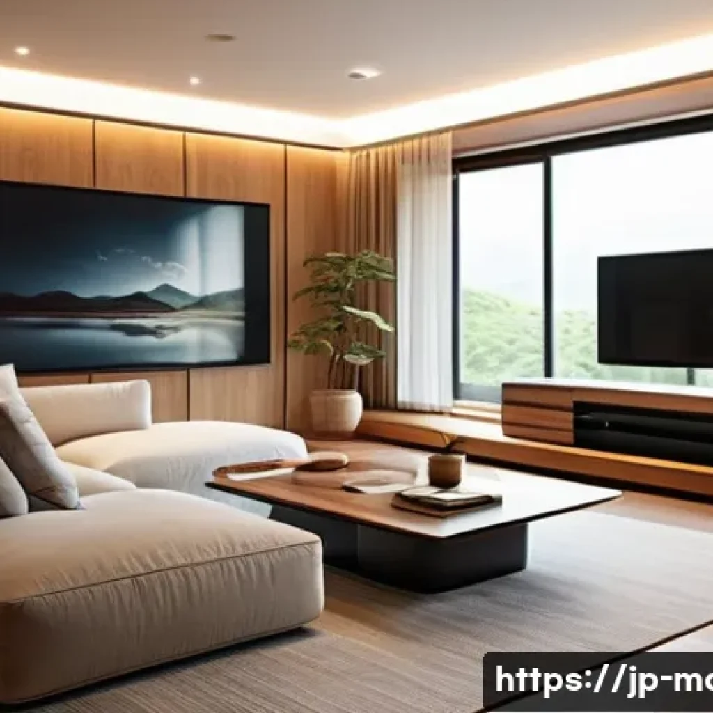 미디어기술사와 실감형 미디어 기술 - A modern Japanese living room with smart home technology fully integrated: sleek minimalist furnitur...