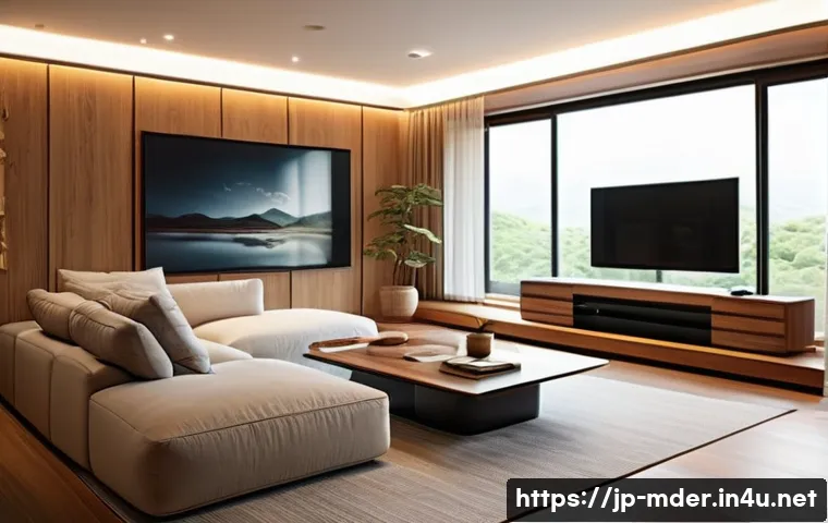 미디어기술사와 실감형 미디어 기술 - A modern Japanese living room with smart home technology fully integrated: sleek minimalist furnitur...