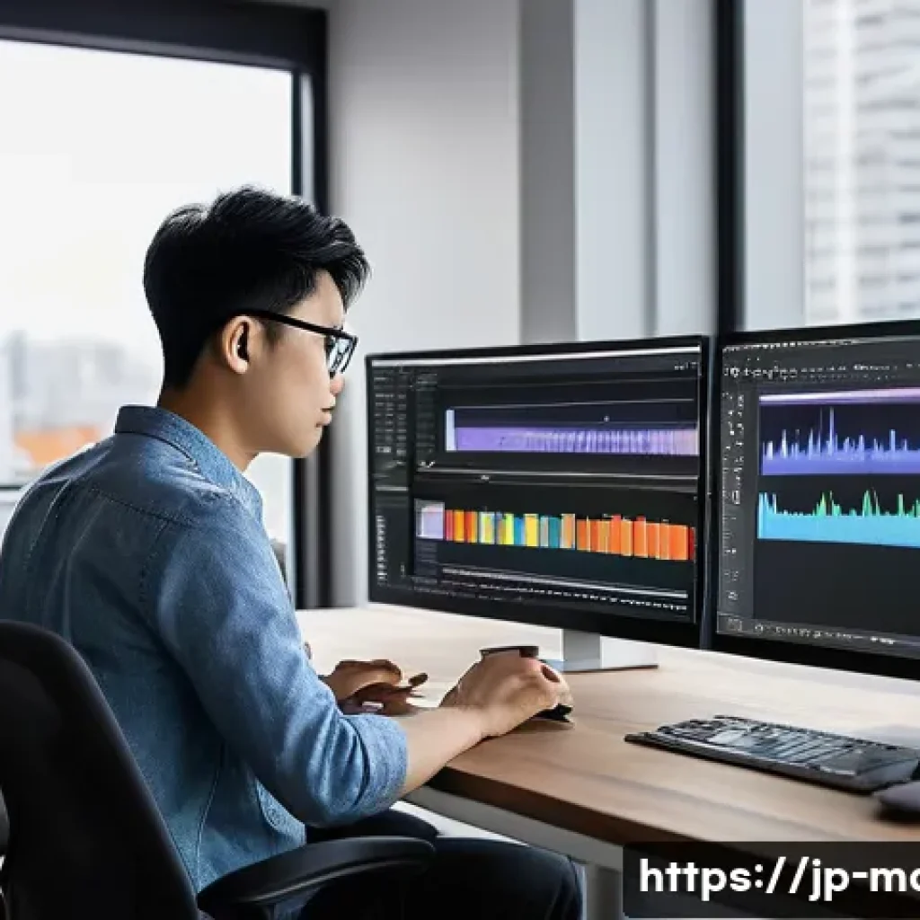 미디어기술사 이직 사례 - A modern Japanese media technician workspace featuring a young professional wearing casual smart att...
