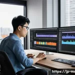 미디어기술사 이직 사례 - A modern Japanese media technician workspace featuring a young professional wearing casual smart att...