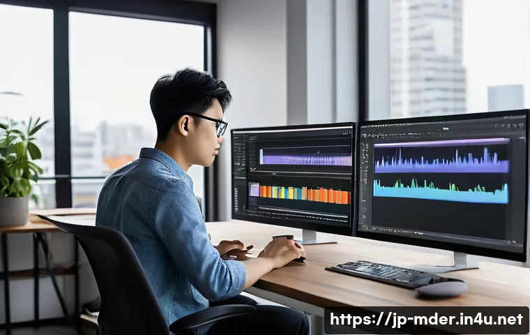미디어기술사 이직 사례 - A modern Japanese media technician workspace featuring a young professional wearing casual smart att...