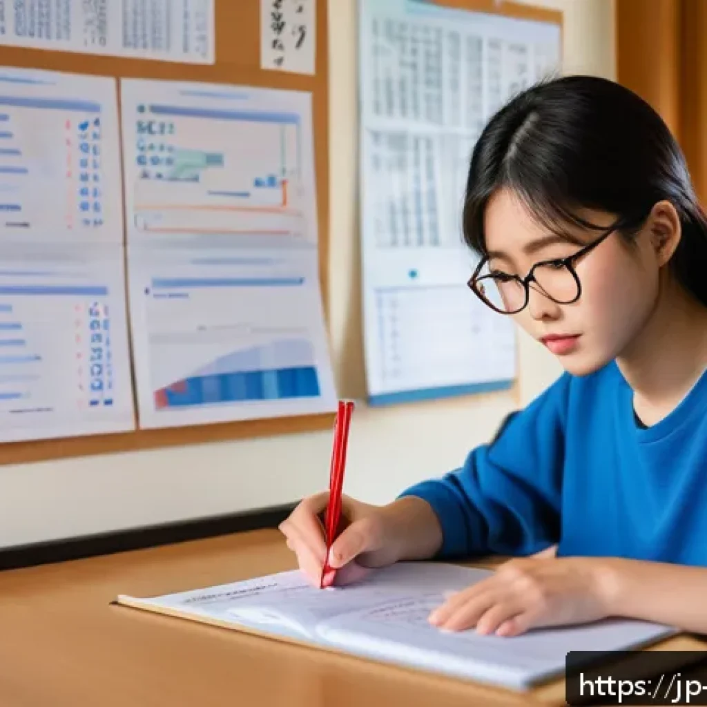 미디어기술사 실기 과목별 학습법 - A modern Japanese study room scene featuring a young Japanese student with neat black hair wearing c...