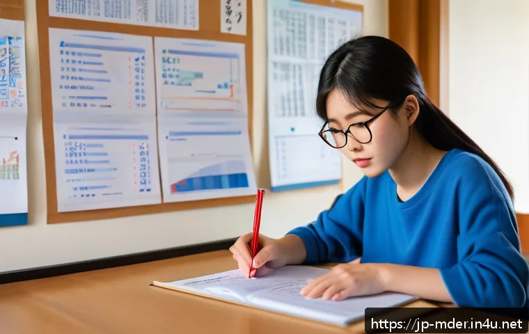 미디어기술사 실기 과목별 학습법 - A modern Japanese study room scene featuring a young Japanese student with neat black hair wearing c...