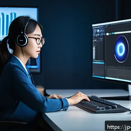 미디어기술사 실기 준비 동영상 - A modern video editing workspace showing a young Japanese professional woman focused on her dual-mon...