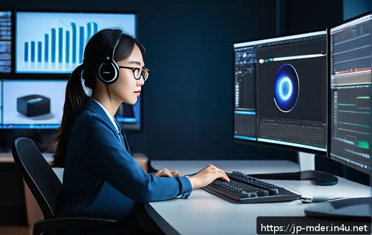 미디어기술사 실기 준비 동영상 - A modern video editing workspace showing a young Japanese professional woman focused on her dual-mon...